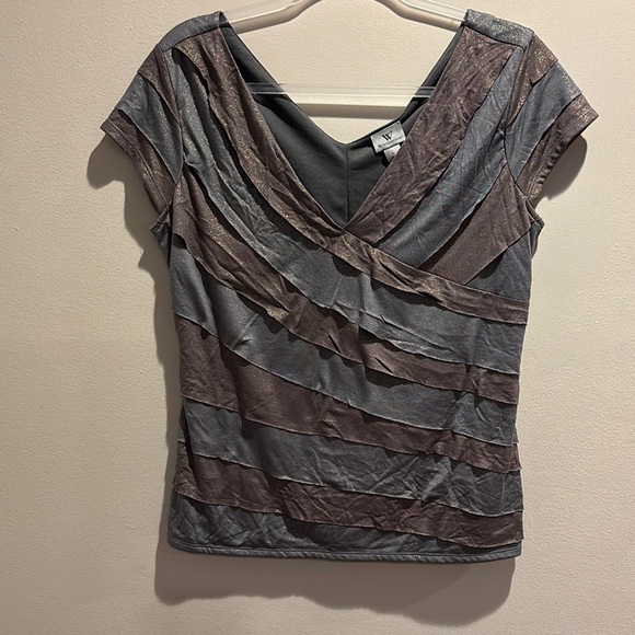 Women's Striped V-Neck Top - Gray and Brown - Picture 1 of 6